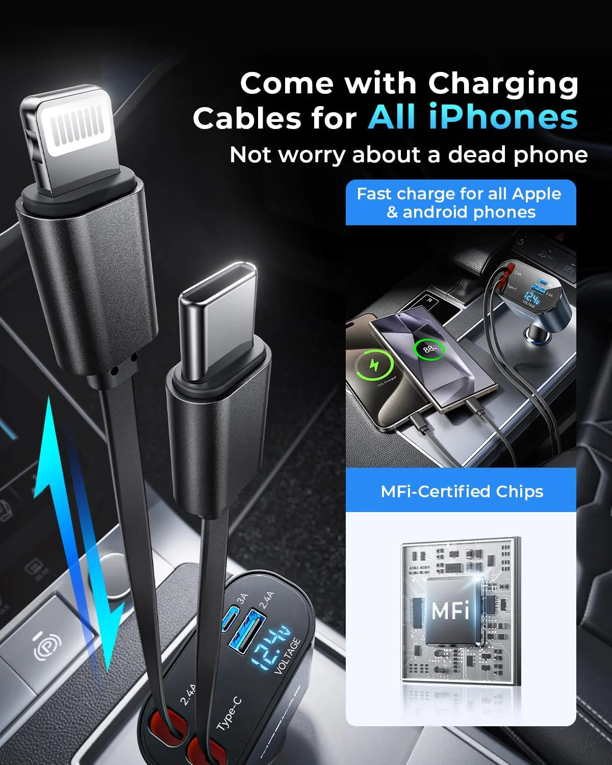 4-in-1 RETRACTABLE CAR PHONE CHARGER-120W